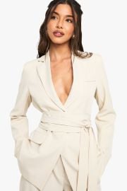 Sand Obi Tie Waist Blazer USA at Boohoo