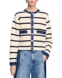 Sandro Striped Cardigan with Denim Detail Bloomingdalex27s Women at Bloomingdales