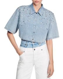 Sandro Tyss Embellished Cropped Denim Shirt Bloomingdales at Bloomingdales