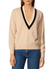 Sandro Vince Striped-Inset V-Neck Sweater   Bloomingdales at Bloomingdales