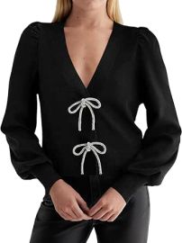 Saodimallsu Womens Puff Long Sleeve Sweaters V Neck Cropped Bow Button Front Cozy Knit Cardigan Sweater Tops Black Large at Amazon