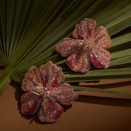 Sarie Earrings Magenta Embroidered Flower Earrings at Mignonne Gavigan