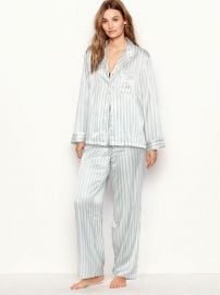 Satin Long PJ Set in White/Grey Casual Stripe at Victorias Secret