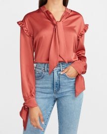 Satin Ruffle Tie Neck Top at Express