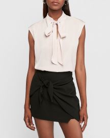 Satin Tie Neck Cap Sleeve Top in Truffle Pink at Express