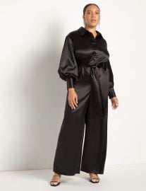 Satin Wide Leg Button Front Jumpsuit  Women39s Plus Size Dresses at ELOQUII