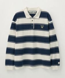 Satur Rugby Stripe Pique Long Sleeve Navy at Satur