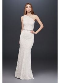 Scalloped One-Shoulder Lace Sheath Gown at Davids Bridal