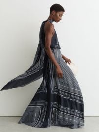 Scarf-Print Tie-Neck Maxi Dress in Navy at Reiss
