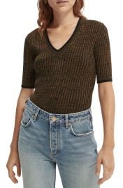 Scotch & Soda Rib Melange Short Sleeve V-Neck Sweater at Nordstrom