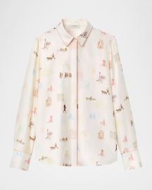Scottie Manhattan-Print Silk Twill Blouse at Neiman Marcus