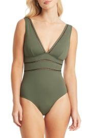 Sea Level Spliced Plunge One-Piece in Khaki  at Nordstrom