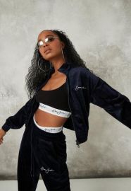 Sean John x  Navy Velour Zip Cropped Jacket at Missguided