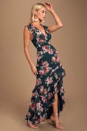 Secret Romance Dark Green Floral Print High-Low Maxi Dress at Lulus