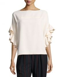 See by Chloe Boat-Neck Ruffled-Sleeve Crepe Top  White at Neiman Marcus