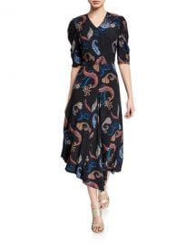 See by Chloe Paisley-Print Short-Sleeve Asymmetrical Midi Dress at Neiman Marcus