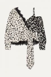 Self-Portrait - Lace-trimmed leopard-print satin-jacquard blouse at Net A Porter