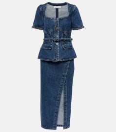 Self Portrait Belted Square Neck Denim Midi Dress at Mytheresa