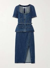 Self Portrait Belted Square Neck Denim Midi Dress at Net a Porter