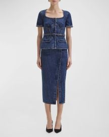 Self-Portrait Belted Square-Neck Denim Midi Dress at Neiman Marcus