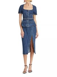 Self Portrait Belted Square Neck Denim Midi Dress at Saks Fifth Avenue