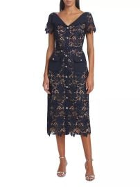 Self Portrait Belted crystal embellished guipure lace midi dress at Saks Fifth Avenue