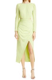 Self-Portrait Crystal Neck Cutout Long Sleeve Midi Dress in Avocado Size 2 at Nordstrom