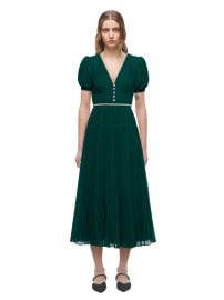 Self Portrait Deep Green Chiffon Pleated Midi Dress at Self Portrait