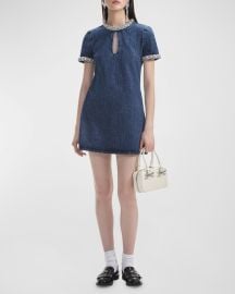 Self-Portrait Embellished Denim Short-Sleeve Mini Dress at Neiman Marcus