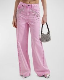 Self-Portrait Embellished Wide-Leg Denim Jeans at Neiman Marcus