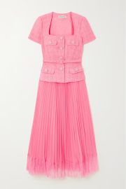 Self Portrait Embellished lace trimmed pleated chiffon and boucl midi dress at Net a Porter