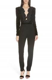 Self-Portrait Lace Trim Velvet Diamante Jumpsuit   Nordstrom at Nordstrom