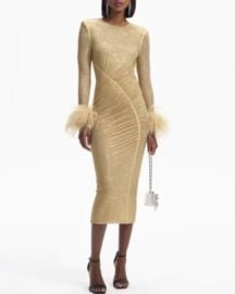 Self-Portrait Ladies Gold Rhinestone Feather Midi Dress Round Neck Slim Dress eBay at eBay