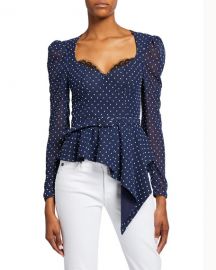 Self-Portrait Plumetis Polka-Dot Long-Sleeve Belted Peplum Top at Neiman Marcus