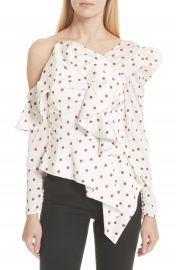 Self-Portrait Polka Dot Ruffle One-Shoulder Satin Top at Nordstrom