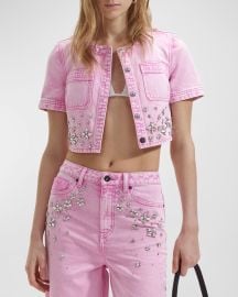 Self-Portrait Rhinestone-Embellished Short-Sleeve Denim Crop Top at Neiman Marcus