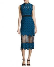 Self Portrait Scalloped Mixed-Lace Midi Dress Teal at Neiman Marcus