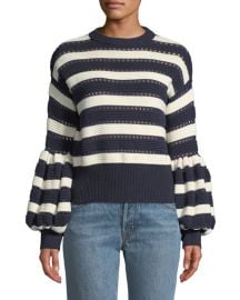 Self-Portrait Striped Balloon-Sleeve Cropped Sweater - at Bergdorf Goodman