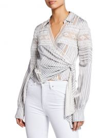 Self-Portrait Striped Long-Sleeve Wrap Top w  Lace at Neiman Marcus