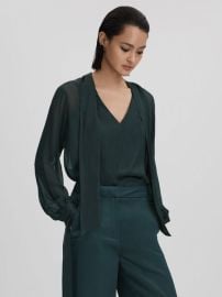 Semi Sheer Satin Tie Neck Blouse in Green REISS USA at Reiss