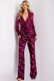 Sequin Embellished Jumpsuit with Deep V Neck 46645 at Madame Bridal