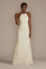 Sequin Leaf-Appliqued High Neck Sheath Gown Davidx27s Bridal at Davids Bridal