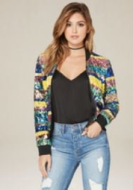 Sequin Stripe Bomber Jacket by Bebe at Bebe