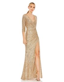 Sequined Draped 34 Sleeve Gown Mac Duggal at Mac Duggal