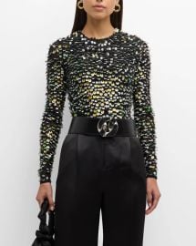 Sergio Hudson Crewneck Sequin Long Sleeve Bodysuit at Neiman Marcus