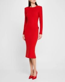 Sergio Hudson Pleated Back Long Sleeve Stretch Wool Crepe Midi Dress at Neiman Marcus