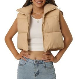 Seta T Women\'s High Stand Collar Lightweight Zip Puffer Crop Padded Vest Large Khaki at Target