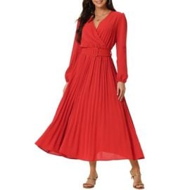 Seta T Womenx27s Long Lantern Sleeve Wrap V Neck Flowy Ruffle Pleated Midi Dresses Red Medium Target at Target