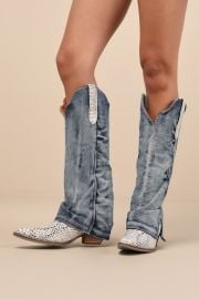 Shabby Blue Denim Leather Knee-High Western Boots at Lulus