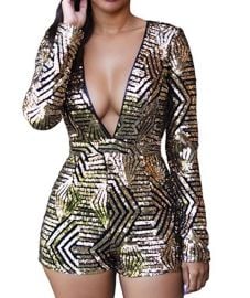 Shawhuwa Womens Sexy Sequin V Neck Long Sleeves Romper Playsuit Clubwear at Amazon